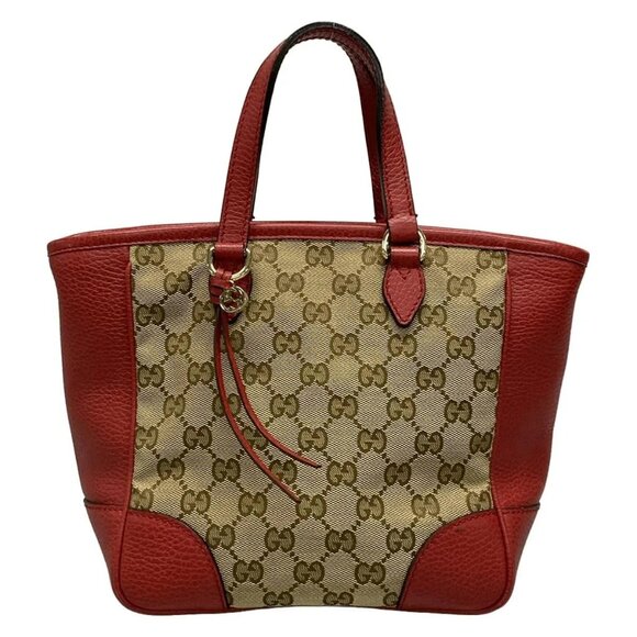 Auth GUCCI GG Pattern, Bree 449241 Dark Brown Beige Red Jacquard Leather Handbag - Picture 1 of 16